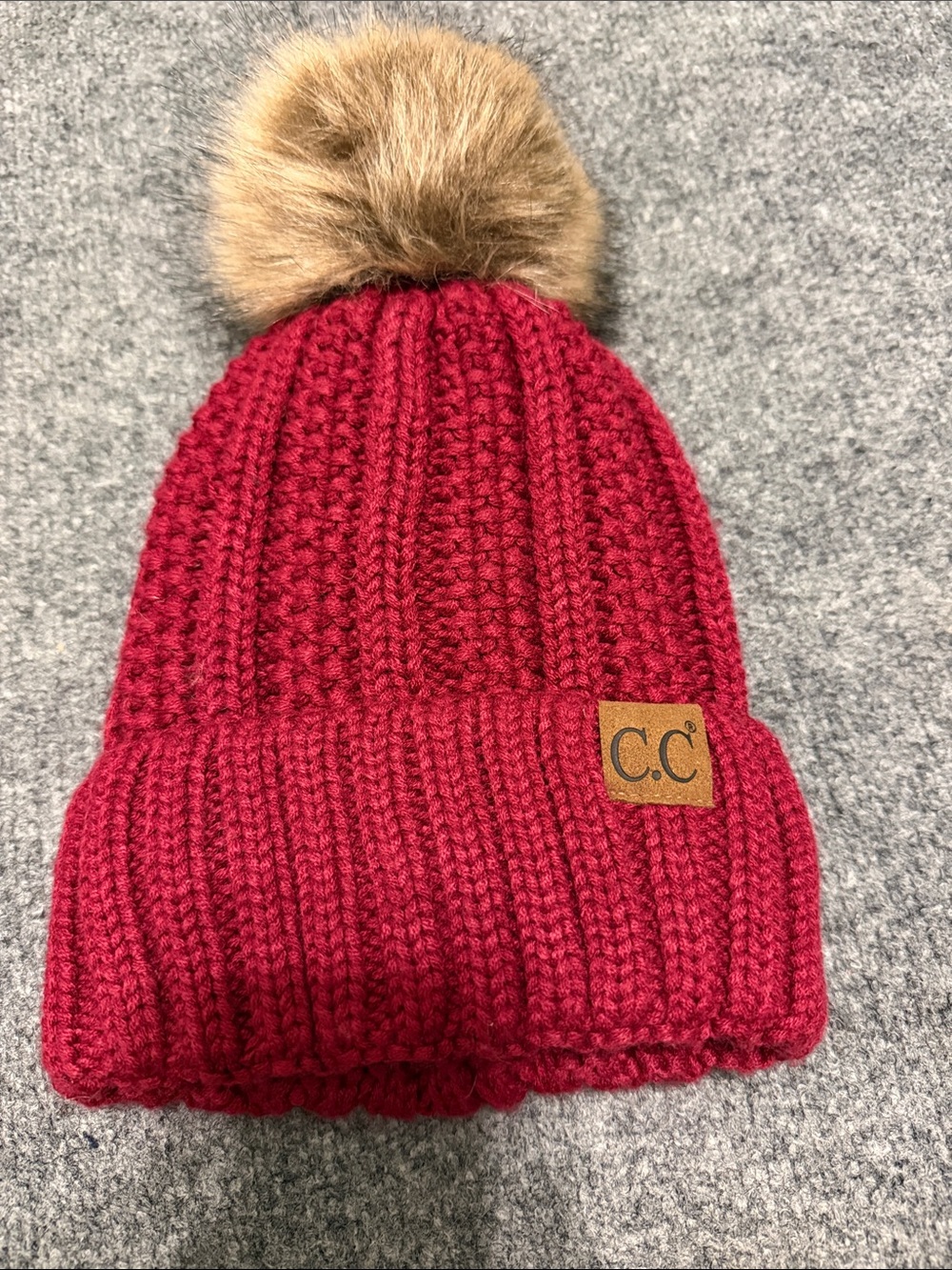 C.C Women’s Burgundy Knit Beanie with Faux Fur Pom - Picture 1 of 3